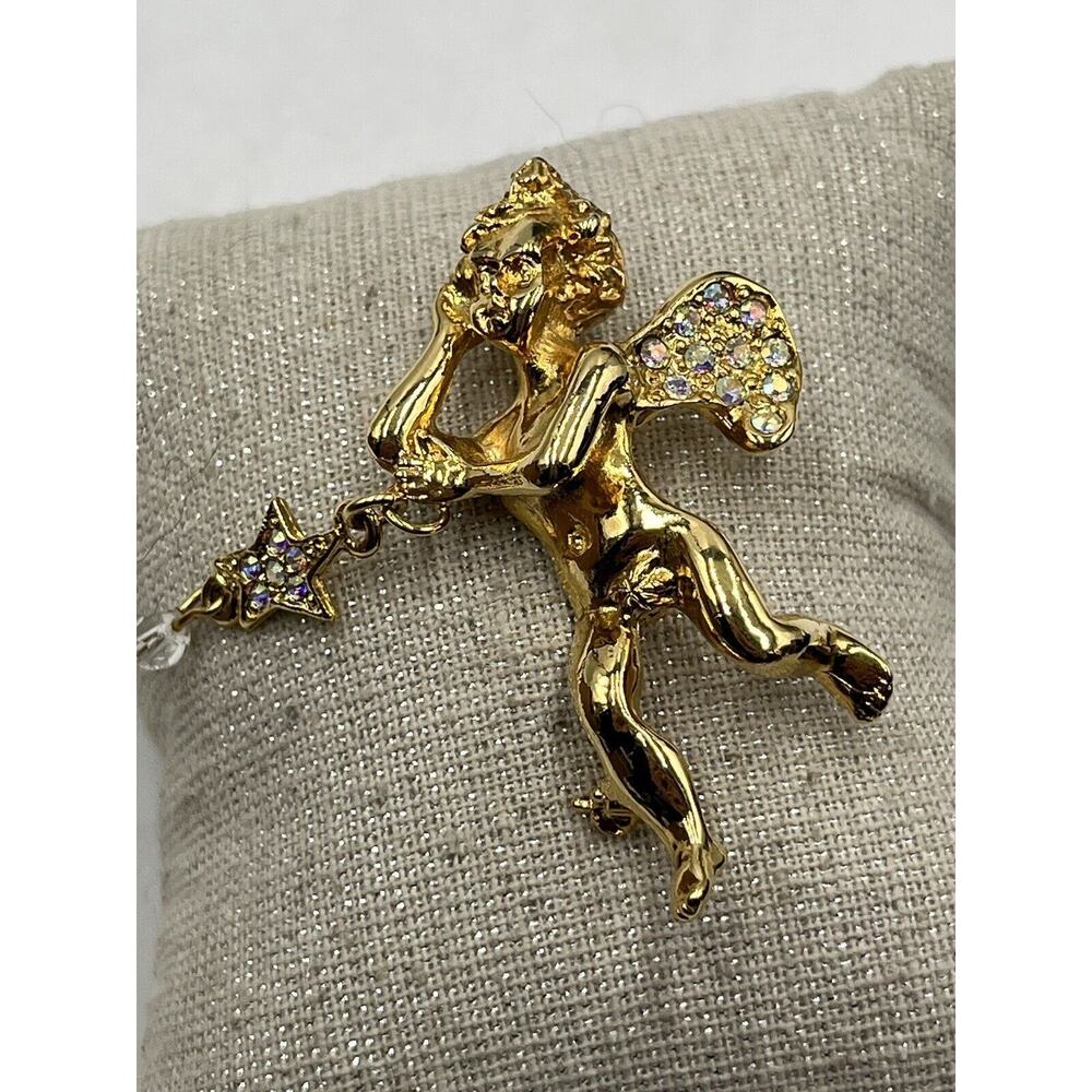 Kirks Folly Two Angel Cherub Star Crystal Gold Tone Pin Brooch